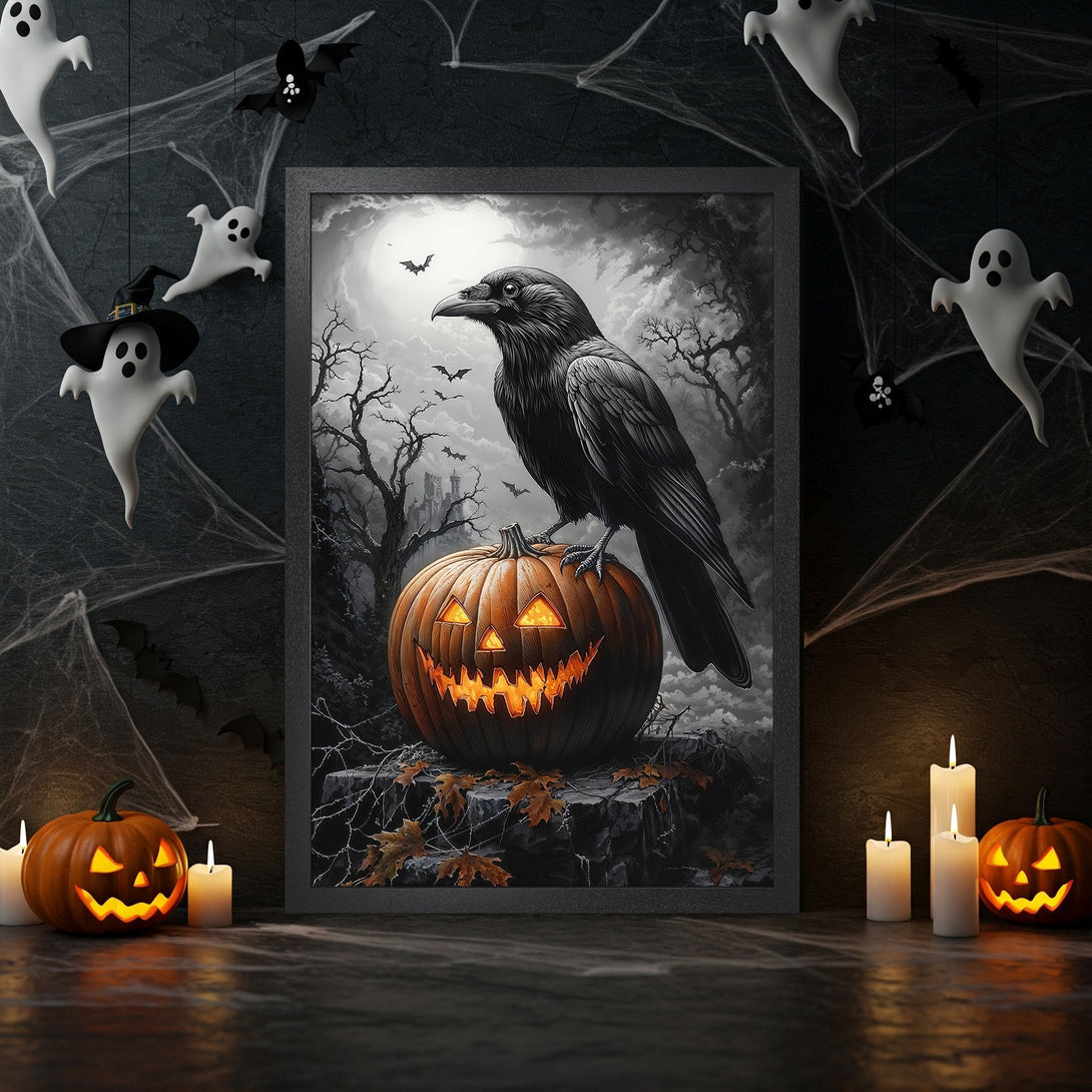 Framed Poster: Spooky Halloween art with a raven on a pumpkin, dark grayscale style, and orange accents. Perfect for your haunted home!
