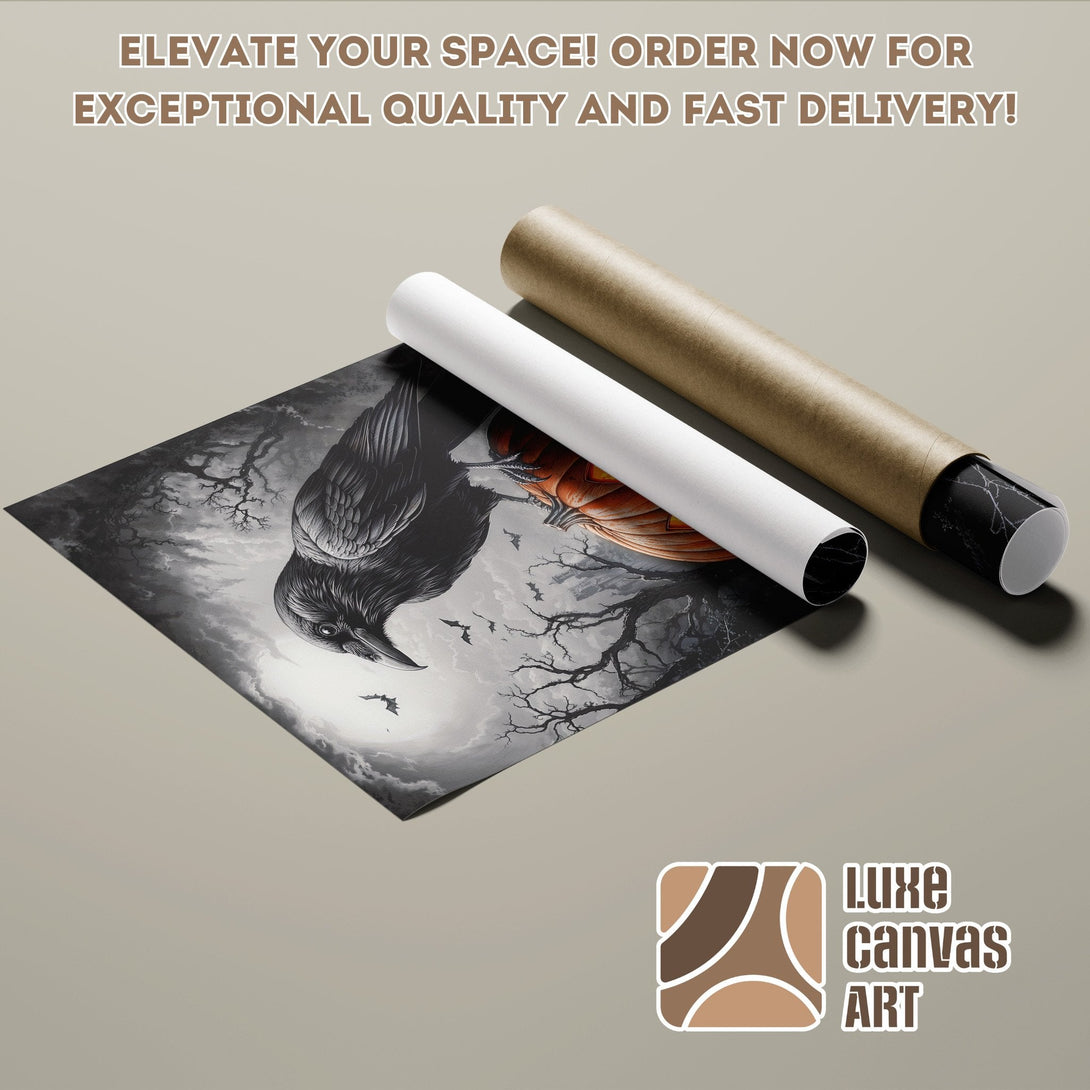 Poster Roll featuring a raven and pumpkin in a grayscale, gothic style. Perfect for Halloween decor!