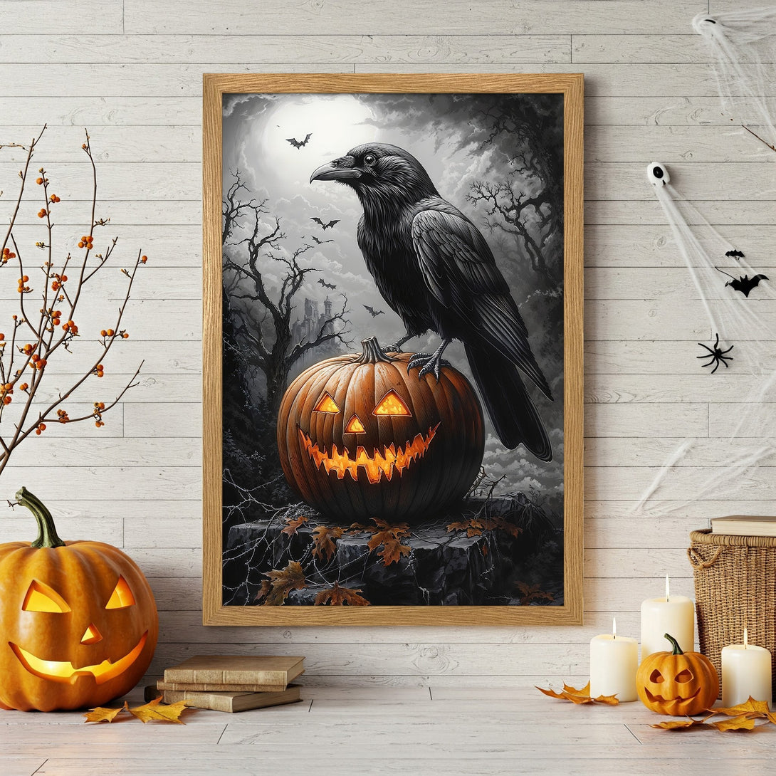 Framed Poster featuring a spooky raven on a jack-o'-lantern. Dark, gothic style with a grayscale and orange palette. Perfect Halloween decor!