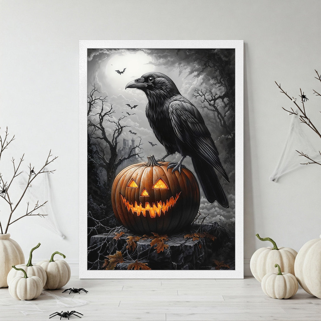 Framed Poster featuring a spooky raven on a jack-o'-lantern, dark and moody style, grayscale with orange accents. Perfect Halloween decor!