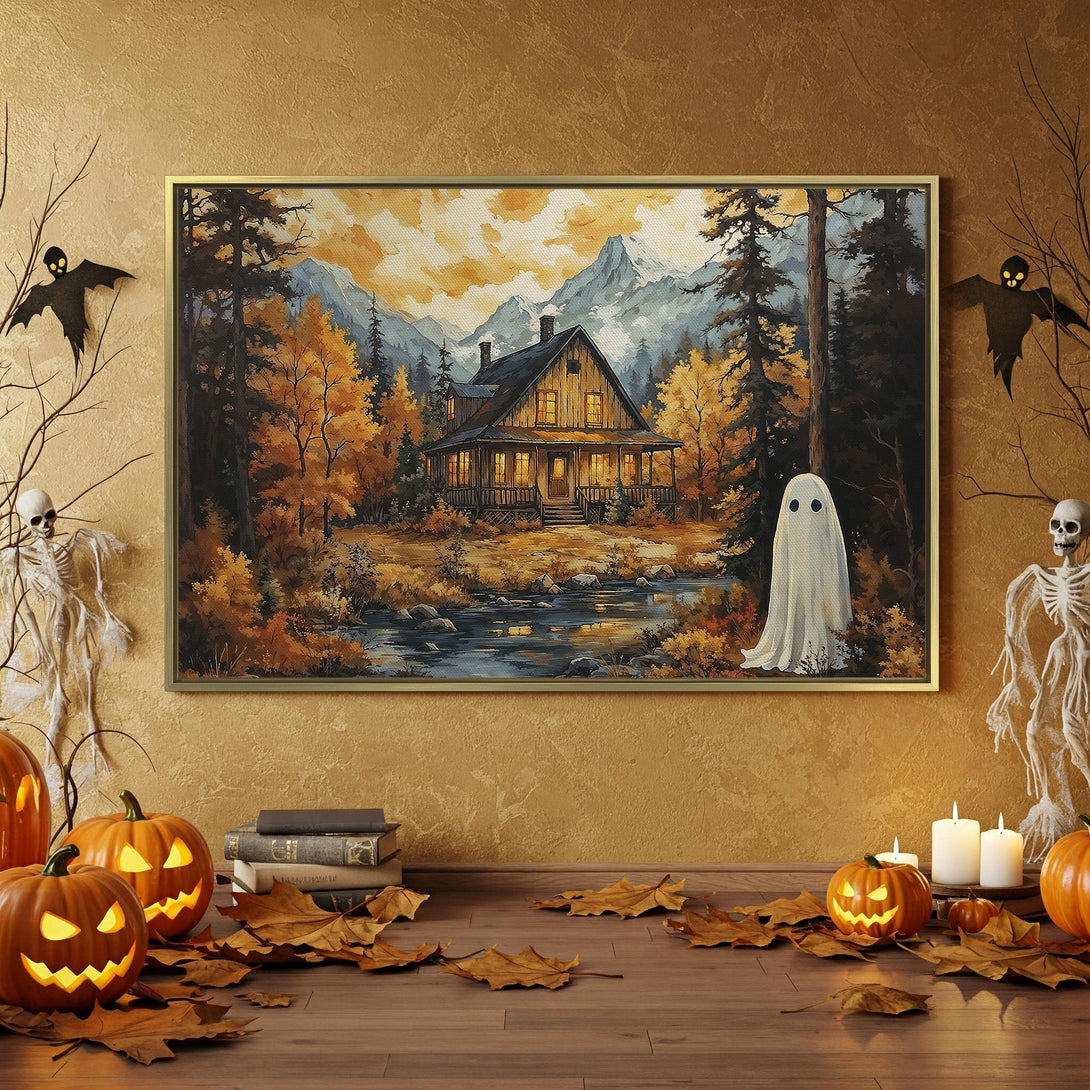Canvas Print of a cozy cabin in autumn colors, perfect for Halloween decor. Warm orange and brown palette, rustic style.