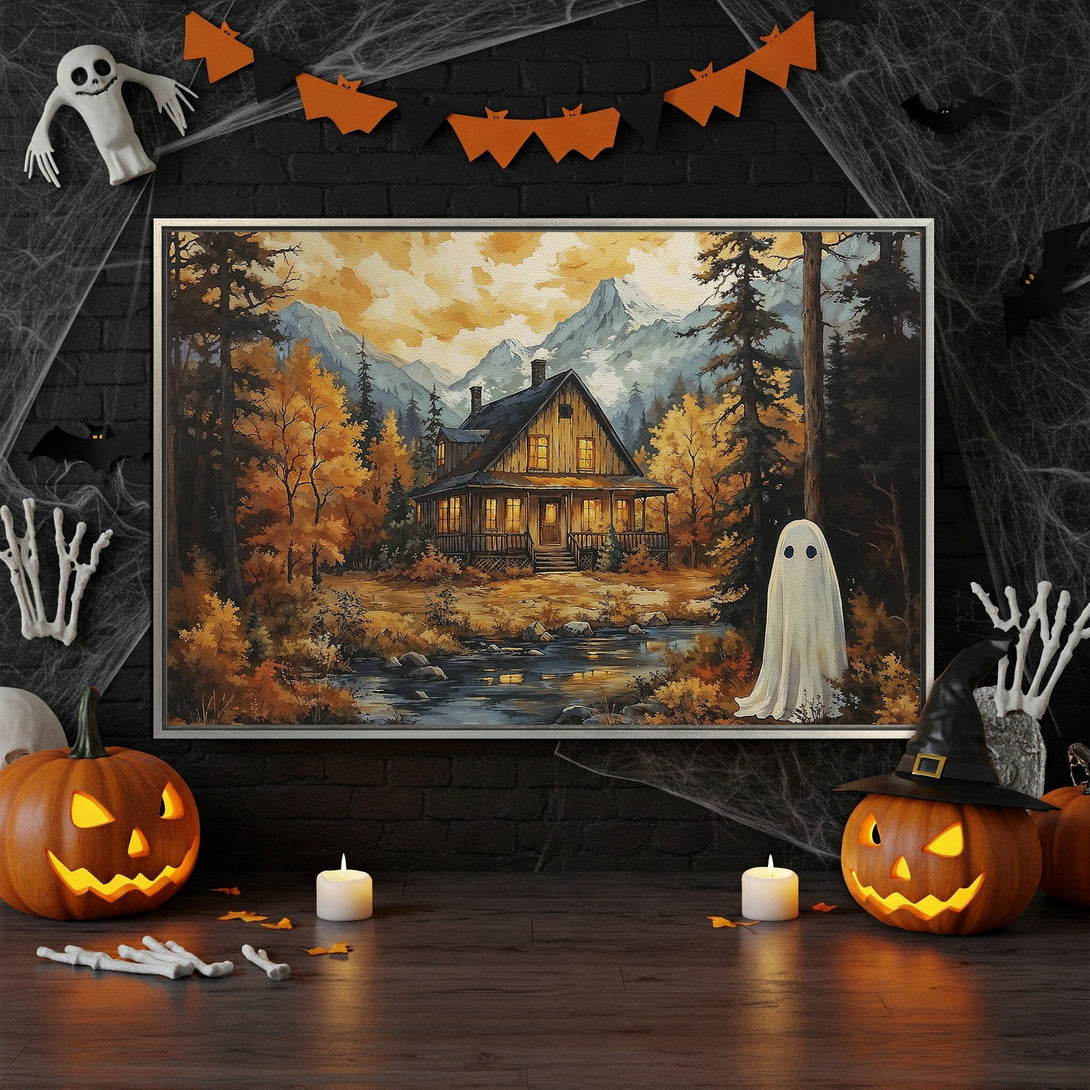 Framed Wall Art featuring a cozy cabin in a fall landscape, warm orange and yellow tones, perfect for autumn decor.
