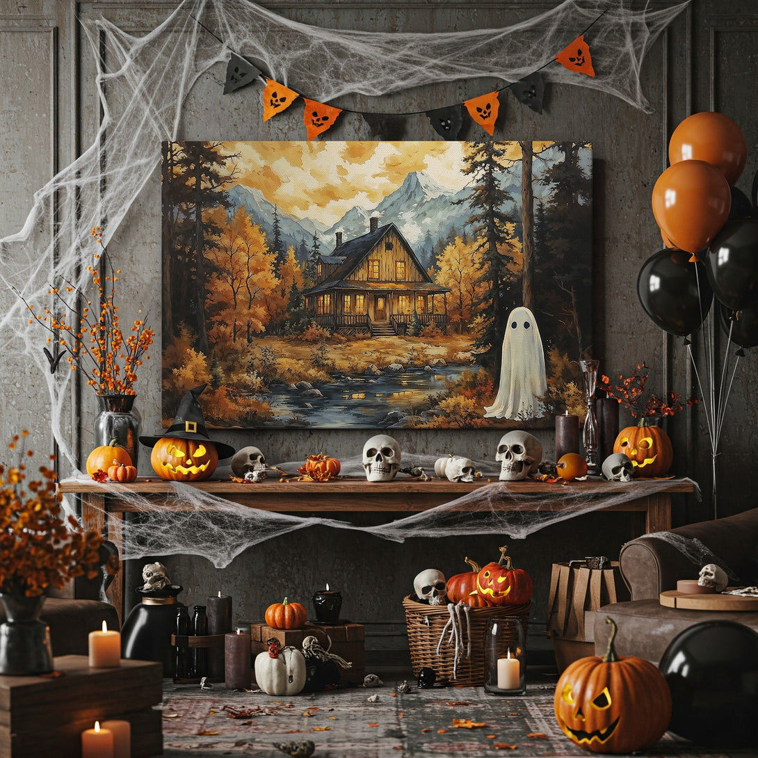 Framed Wall Art: Cozy cabin scene in autumn colors. Perfect for Halloween decor! Warm orange and gold palette, landscape style. Add a touch of spooky charm!