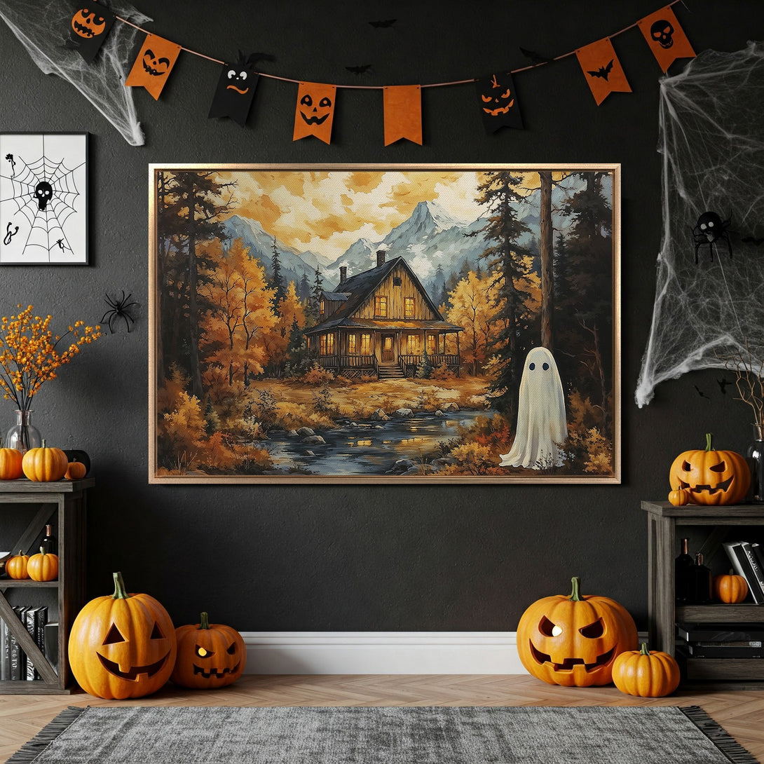 Framed Wall Art: Cozy cabin scene in warm autumn colors. Perfect Halloween decor! Adds a touch of rustic charm to any space. Get yours today!