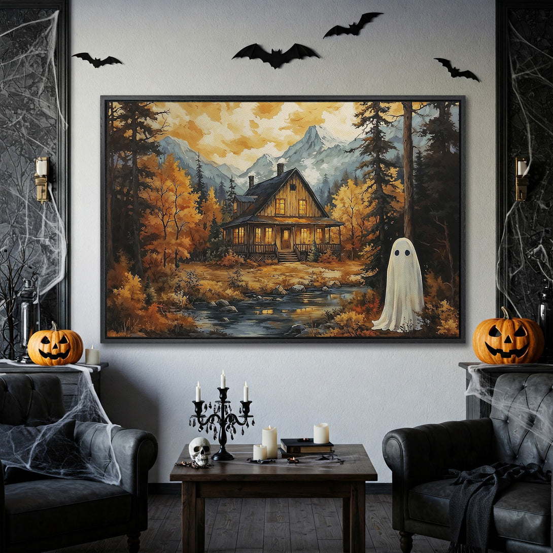 Framed Wall Art: Spooky cabin scene in warm autumn colors. Perfect Halloween decor! Rustic landscape Canvas Print for cozy vibes.