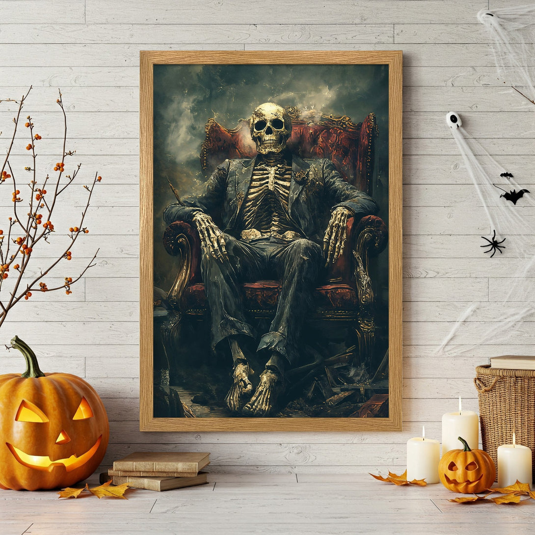 Framed Poster featuring a skeleton in a dark, gothic style with a moody, dark color palette. Perfect Halloween decor!
