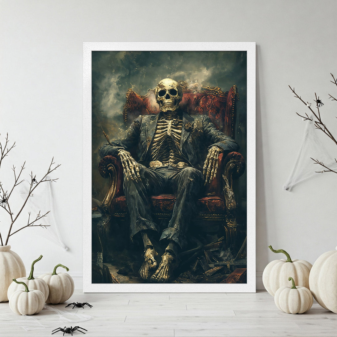 Framed Poster featuring a skeleton in a suit, dark and dramatic style, with a moody color palette. Perfect Halloween decor!