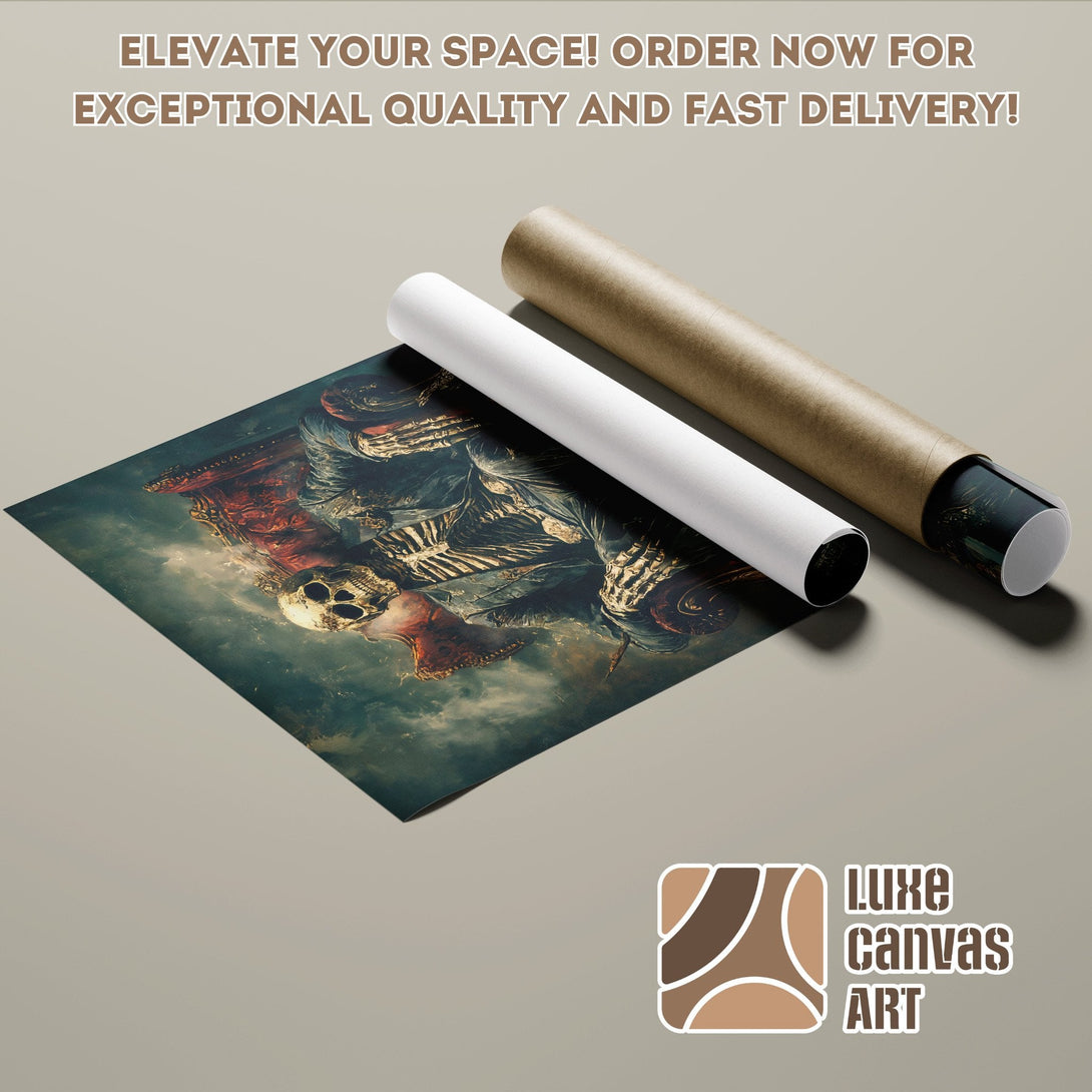 Poster Roll featuring a gothic skull art print. Dark, moody color palette. Elevate your space!