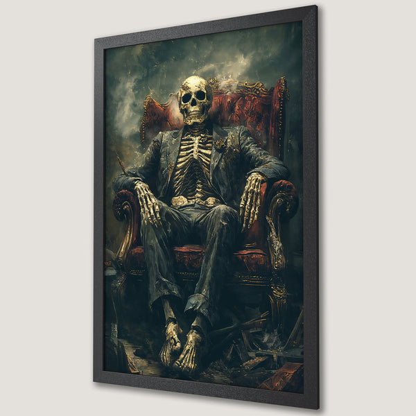 Framed Poster featuring a skeleton king in a dark, gothic style with a moody, red and black color palette. Perfect wall art!