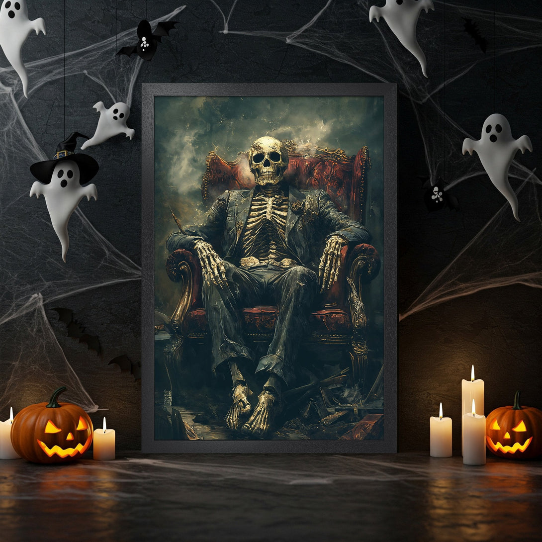 Framed Poster featuring a skeleton in a suit, dark and moody style with a Halloween theme. Dark color palette.