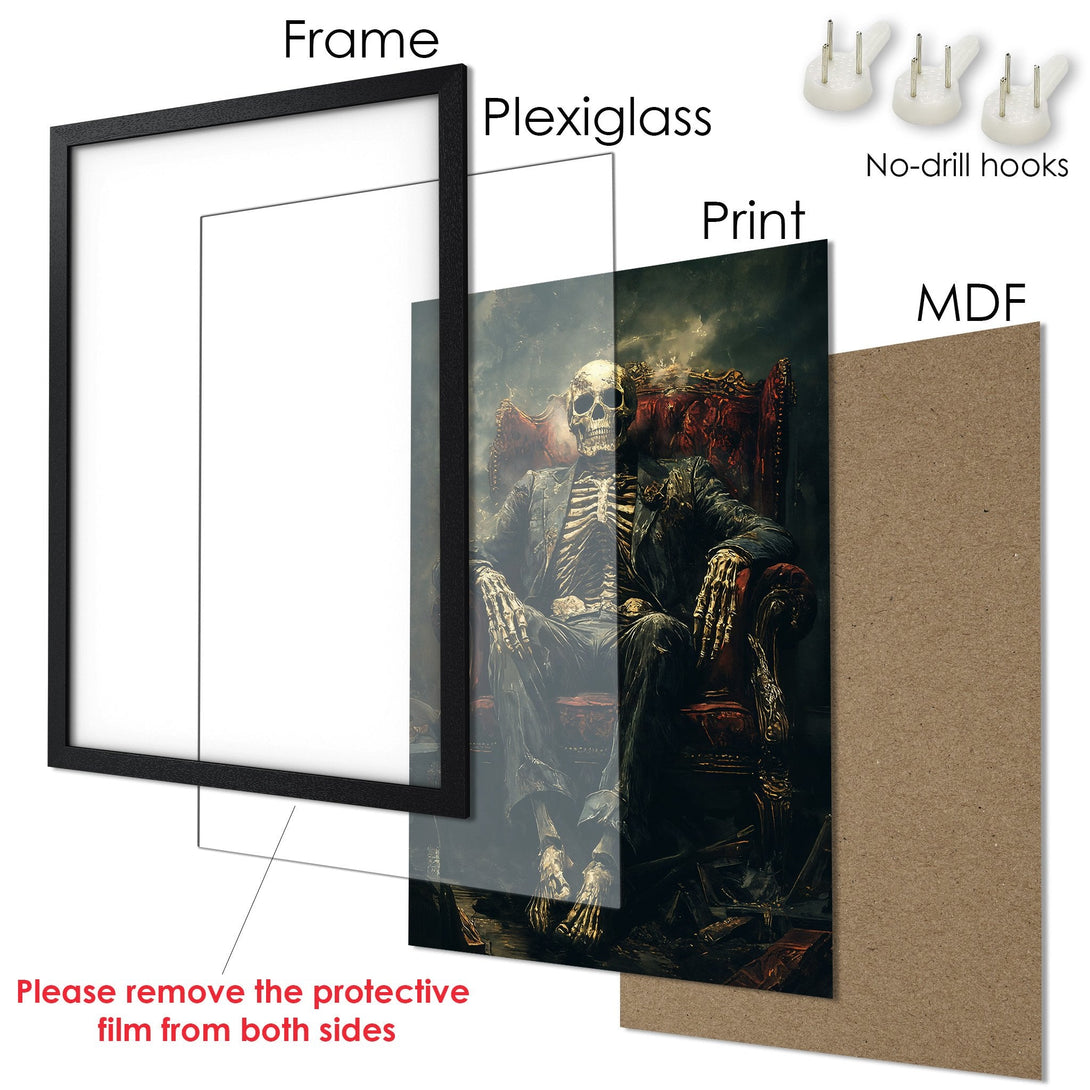 Framed Poster featuring a skeletal figure in a dark, gothic style with a rich, moody color palette. Perfect wall art for your home!