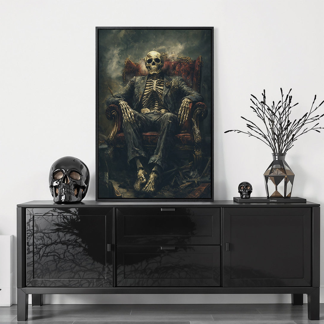 Framed Wall Art: Dark, gothic skeleton portrait in a moody, dramatic style. Rich, dark color palette with red and grey tones. Perfect for a unique home decor statement.