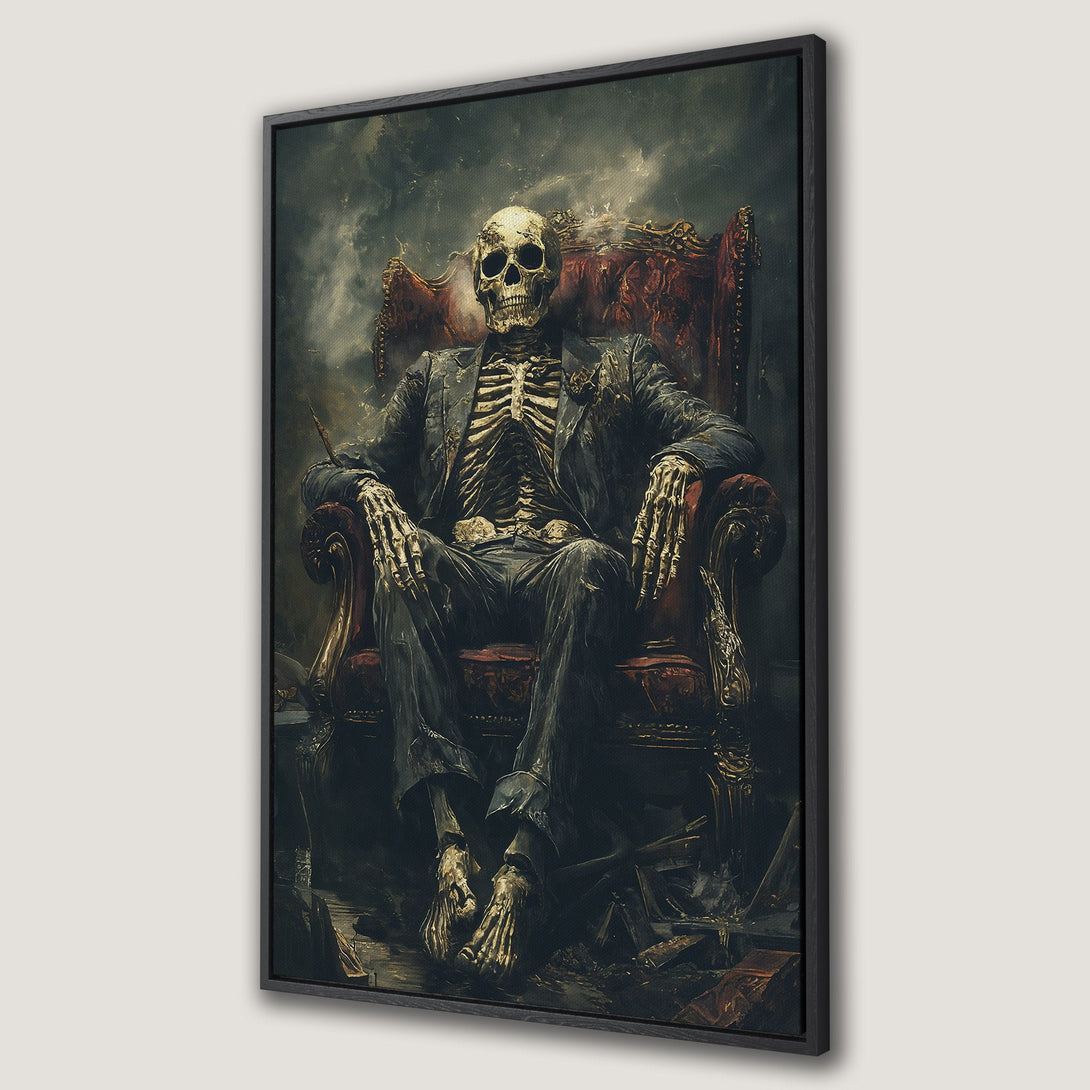 Framed Wall Art featuring a skeleton in a suit, seated on a throne. Dark, gothic style with a moody, muted color palette of blacks, browns, and reds.