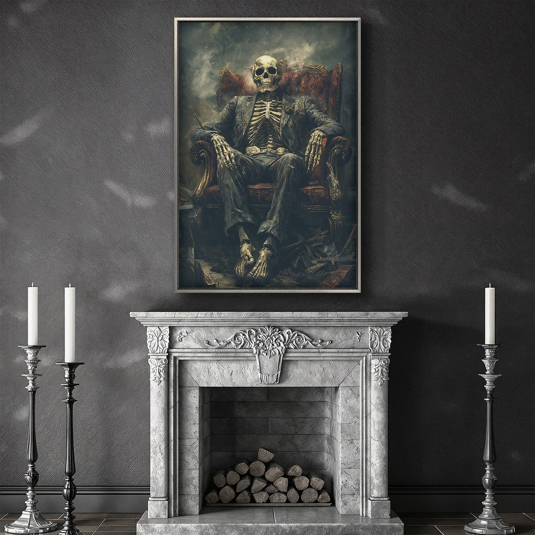 Framed Wall Art featuring a skeleton in a suit, dark and moody style with a gothic color palette. Add a unique touch to your space!