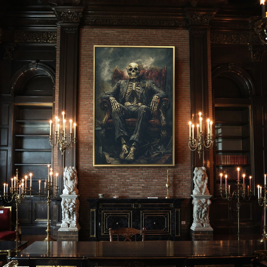 Canvas Print of a skeleton in a suit, gothic style, moody dark color palette. Spooky wall art for Halloween decor.