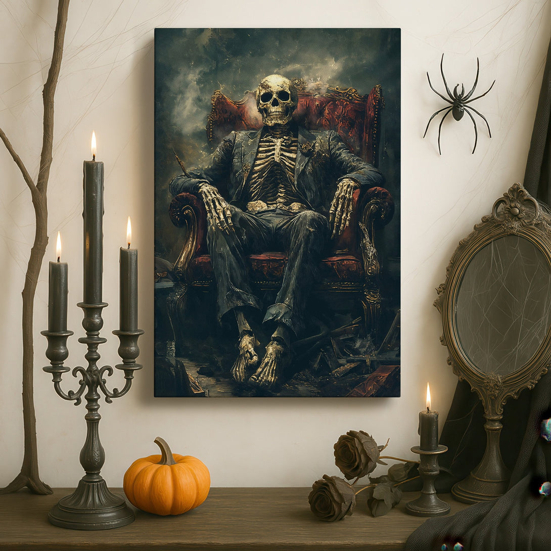 Framed Wall Art featuring a gothic skeleton in a suit, dark & moody style, with a rich, dark color palette. Perfect for adding a unique touch to your decor!