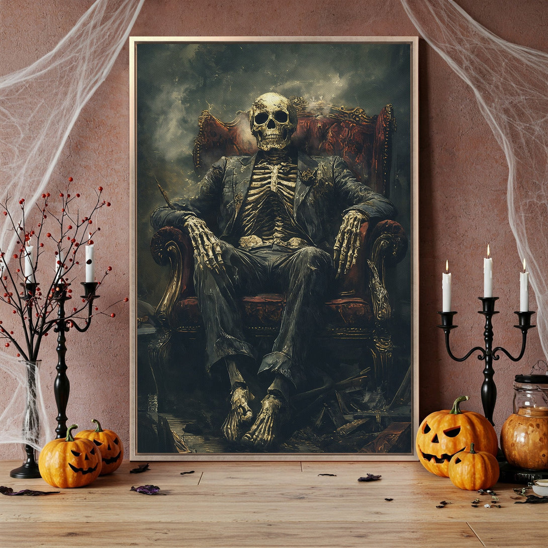 Framed Wall Art: Spooky skeleton in a suit, dark, gothic style, with a moody, muted color palette. Perfect Halloween decor!