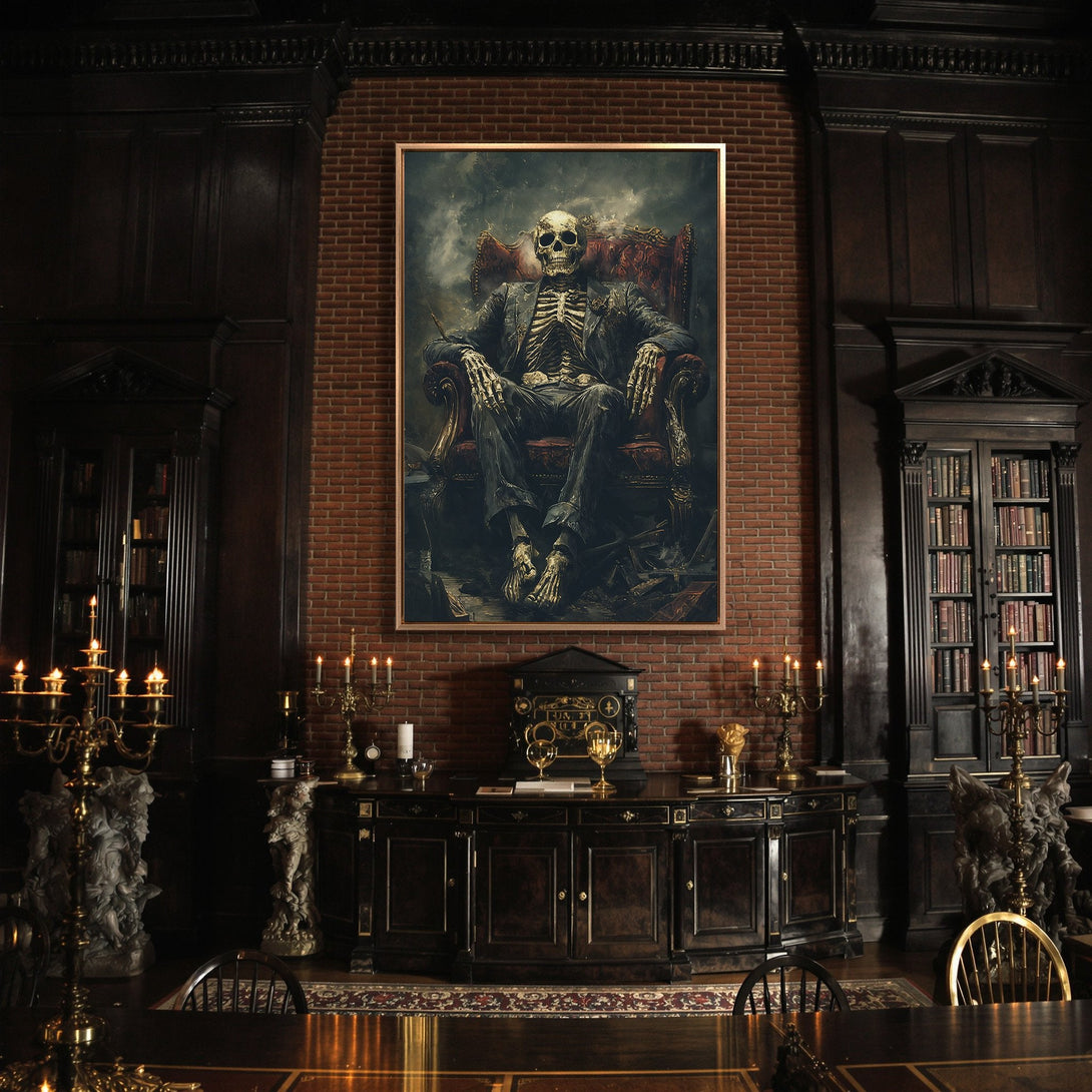 Framed Wall Art: Gothic skeleton portrait in a dark, moody interior. Rich, dark color palette with brick and wood accents. Perfect for adding a unique touch.