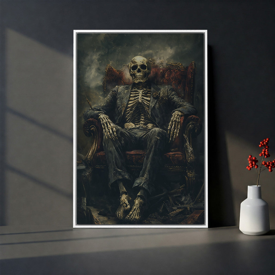 Framed Wall Art: Gothic skeleton in a suit, sitting on a throne. Dark, moody color palette with red accents. Perfect for unique home decor.