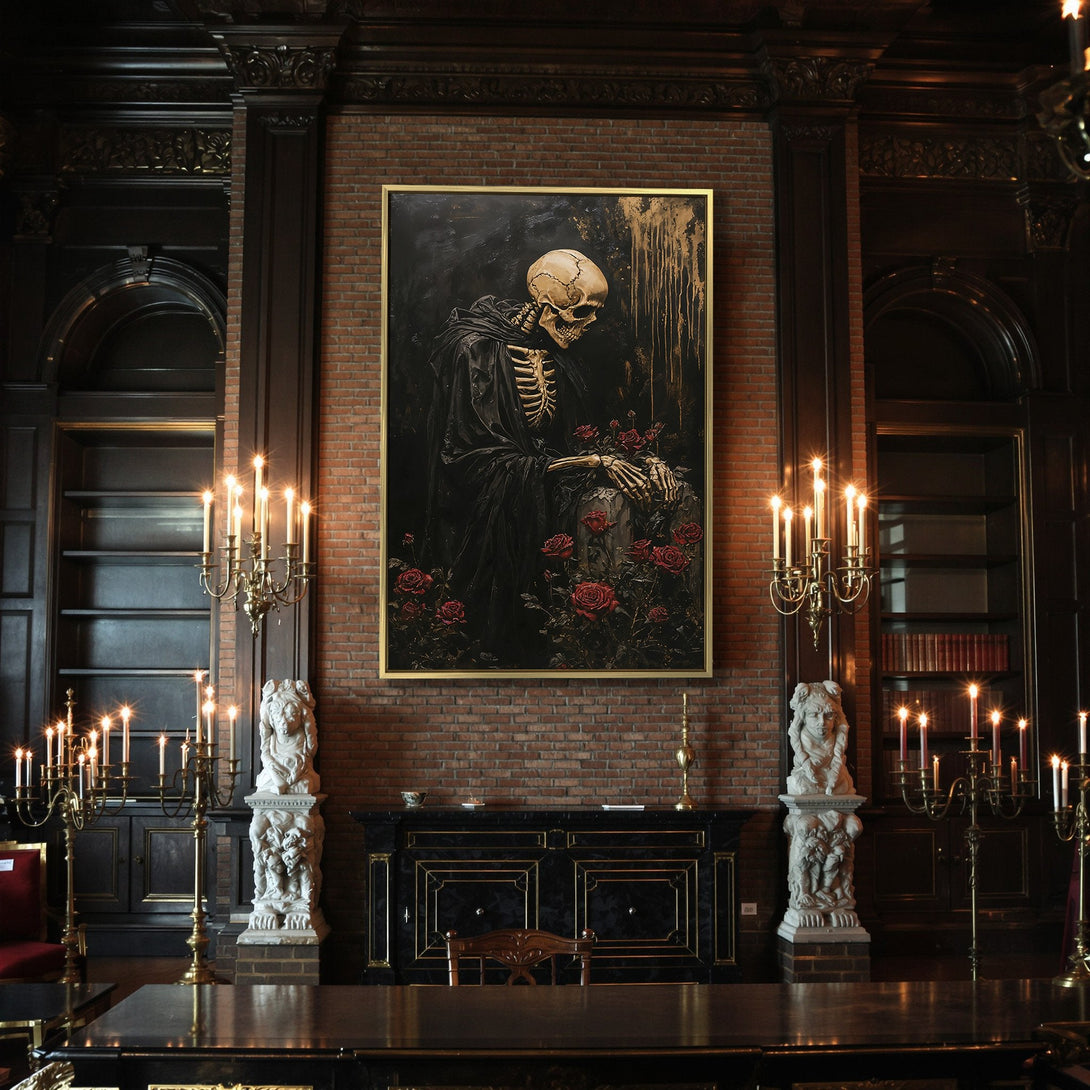 Canvas Print: Gothic art featuring a skeleton with red roses, dark color palette. Perfect for Halloween decor!