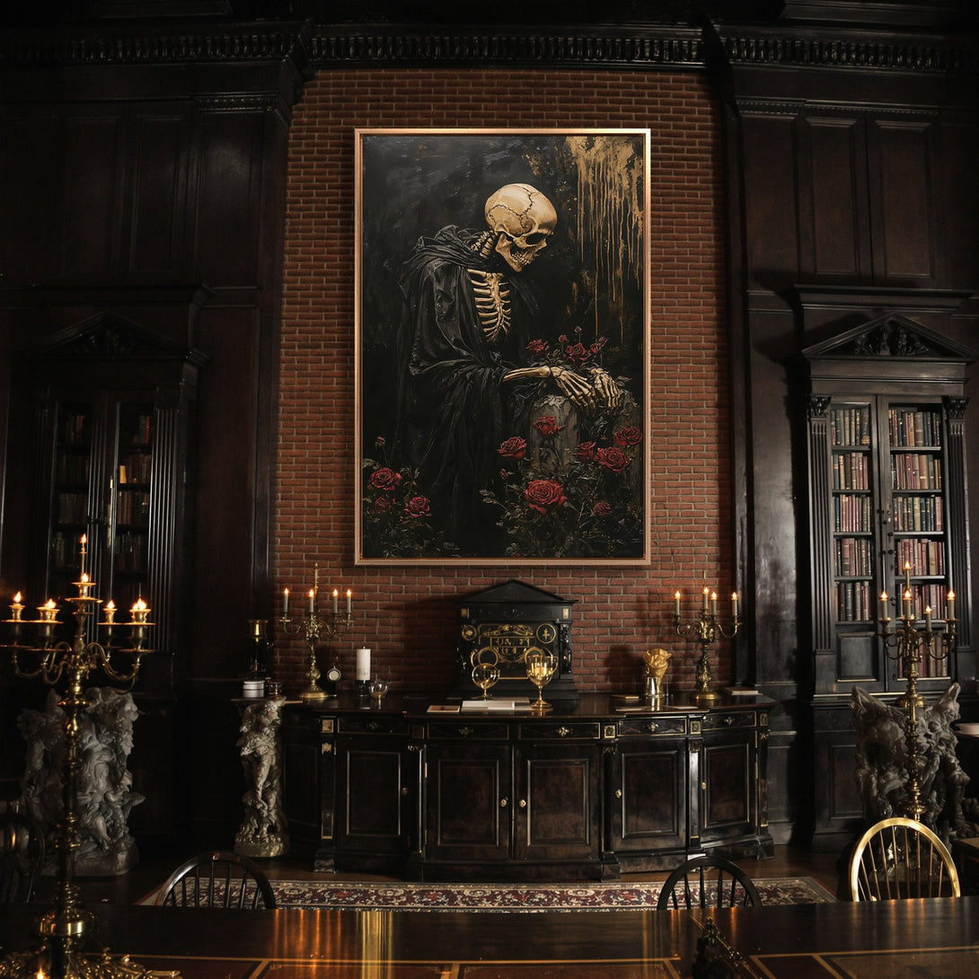 Framed Wall Art featuring a gothic skeleton with roses, dark and dramatic color palette, perfect for a unique interior design.