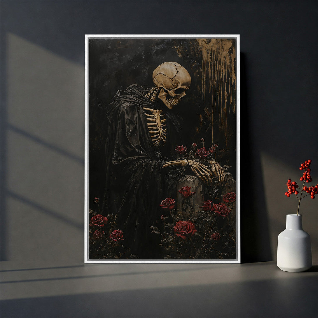 Framed Wall Art featuring a gothic skeleton with roses, dark and moody color palette. Perfect for adding a touch of macabre elegance to your home decor.