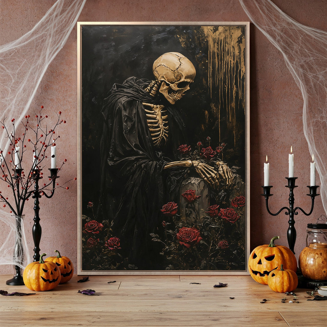 Framed Wall Art: Gothic skeleton with roses, dark & moody color palette. Perfect Halloween decor. Add a touch of macabre art to your home!