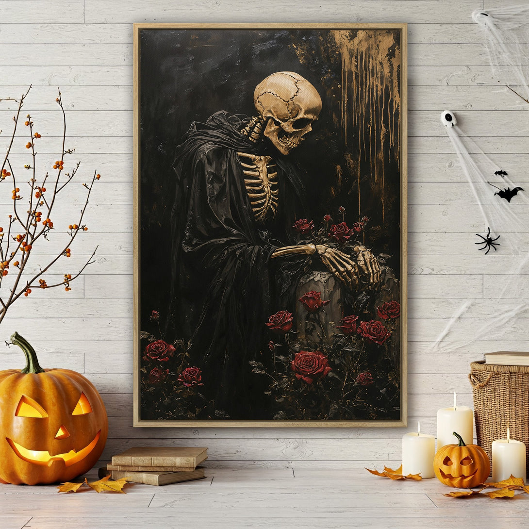 Framed Wall Art featuring a gothic skeleton with red roses. Dark, moody color palette perfect for Halloween decor. Add a touch of spooky elegance to your space.