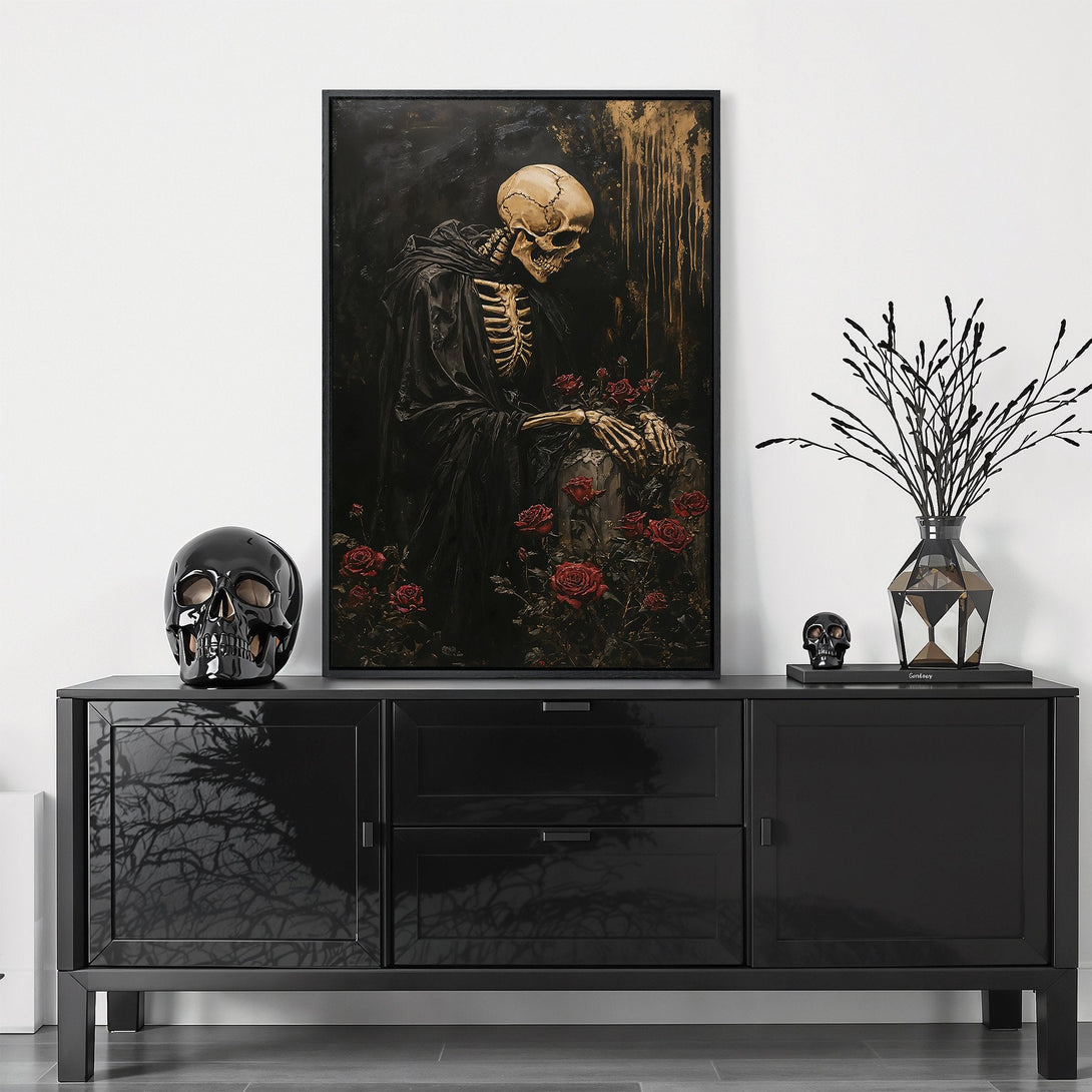 Framed Wall Art: Gothic skeleton art with a dark aesthetic, featuring a black, gold, and red color palette. Perfect for adding a unique touch to your home decor.