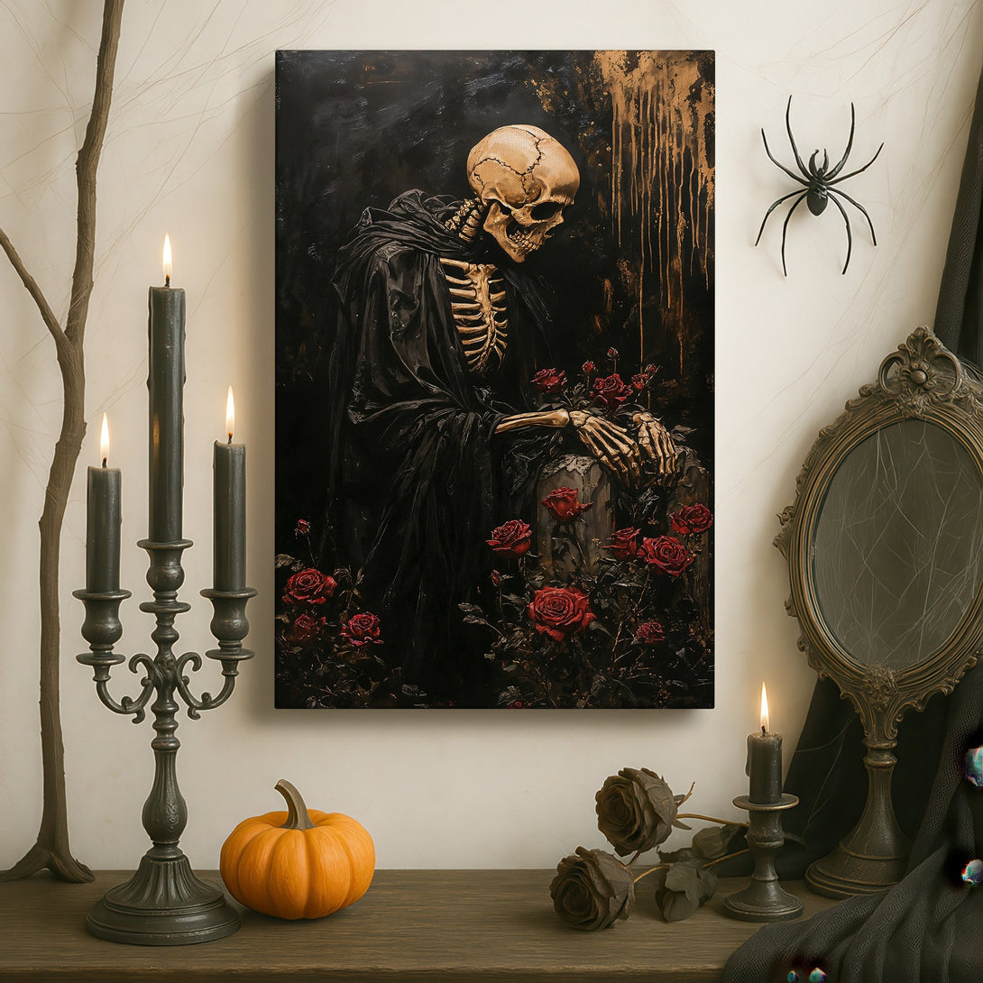 Framed Wall Art: Gothic skeleton with roses. Dark, moody color palette with gold accents. Perfect for adding a touch of macabre elegance to any space.