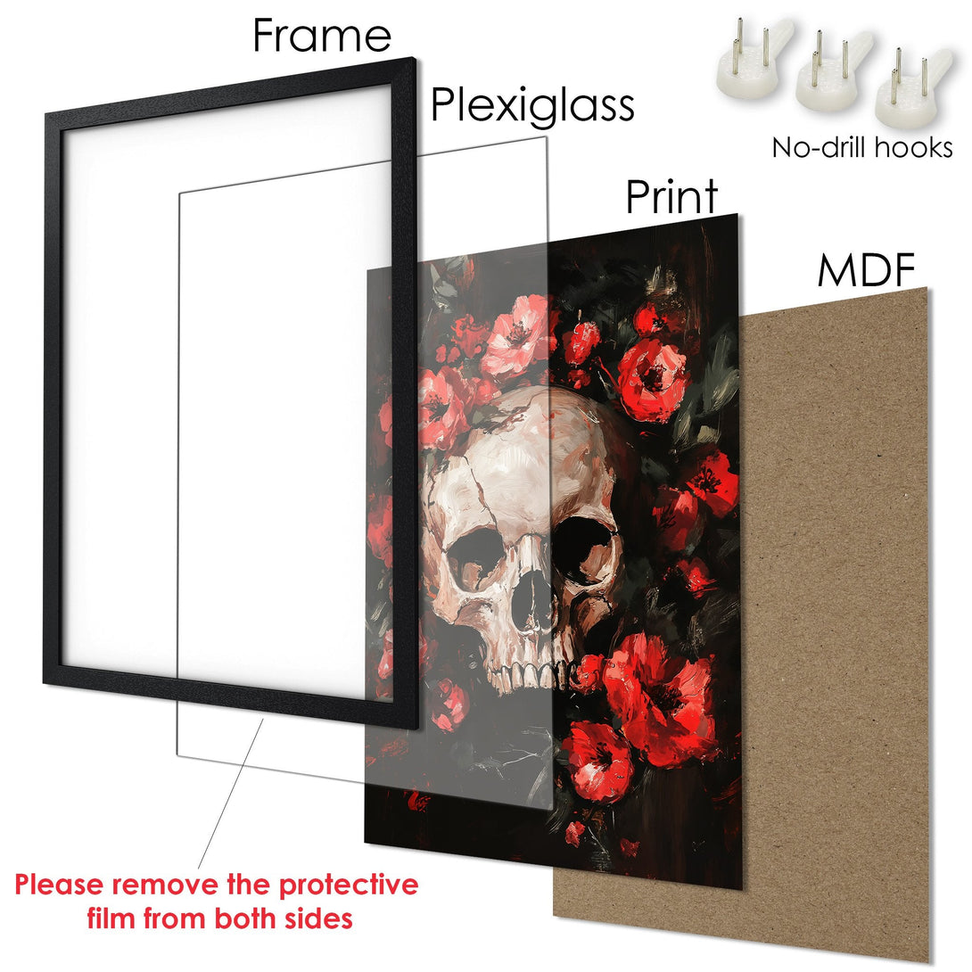 Framed Poster featuring a skull and red flowers, dark and artistic style with a red and black color palette. Ready to hang!