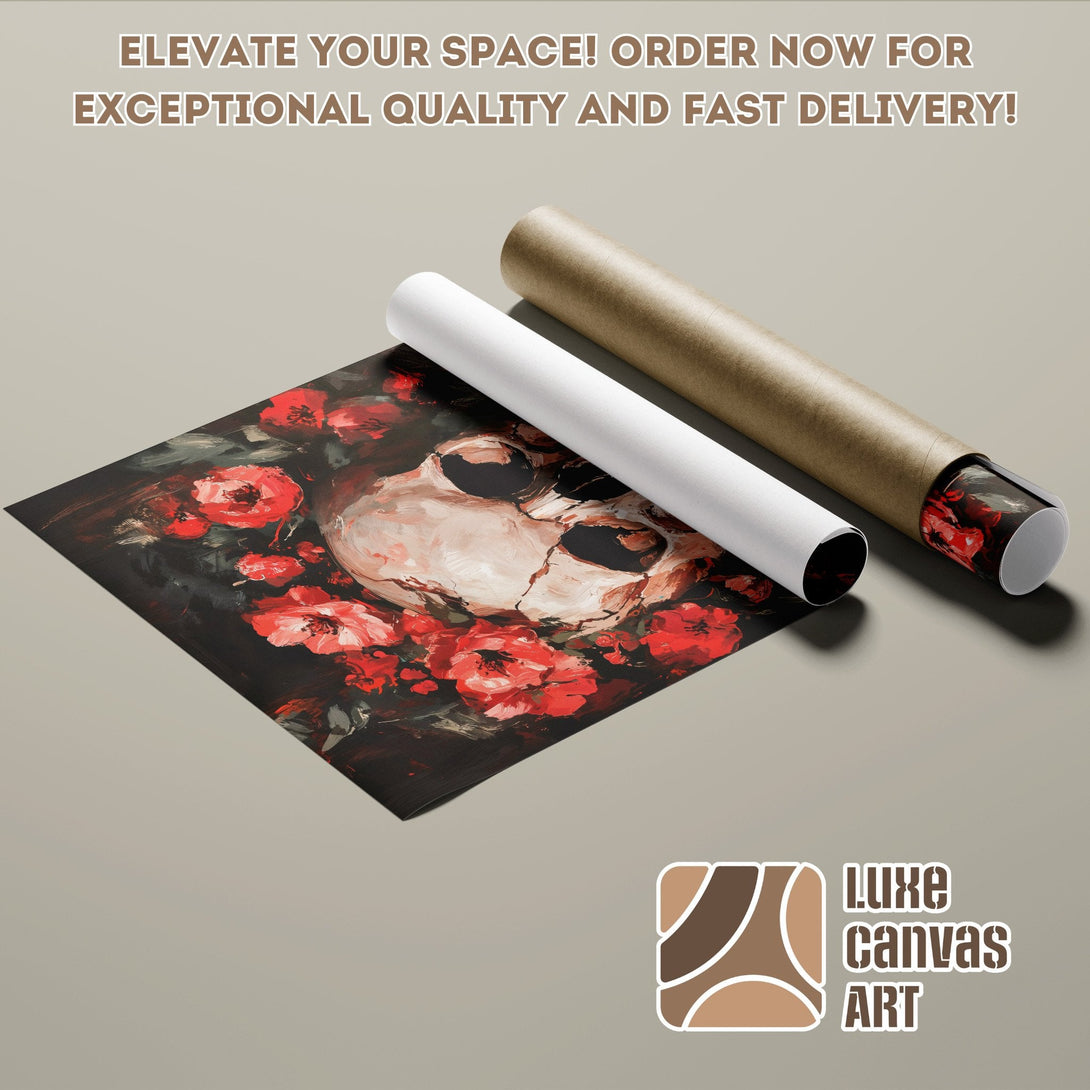 Poster Roll featuring a skull and roses artwork, dark and red color palette. Elevate your space!
