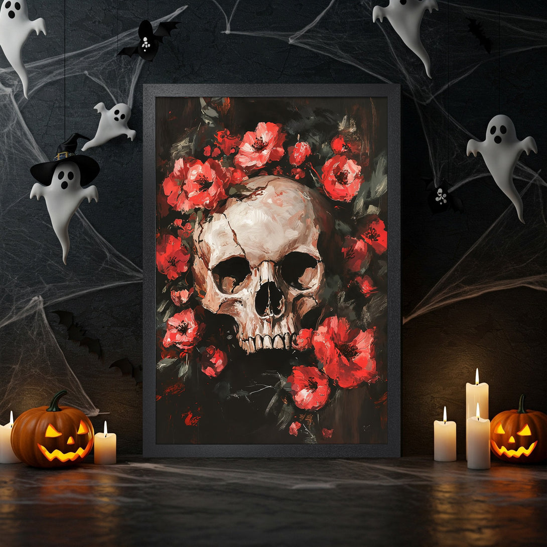 Framed Poster featuring a skull surrounded by red flowers, dark art style, perfect for Halloween decor.