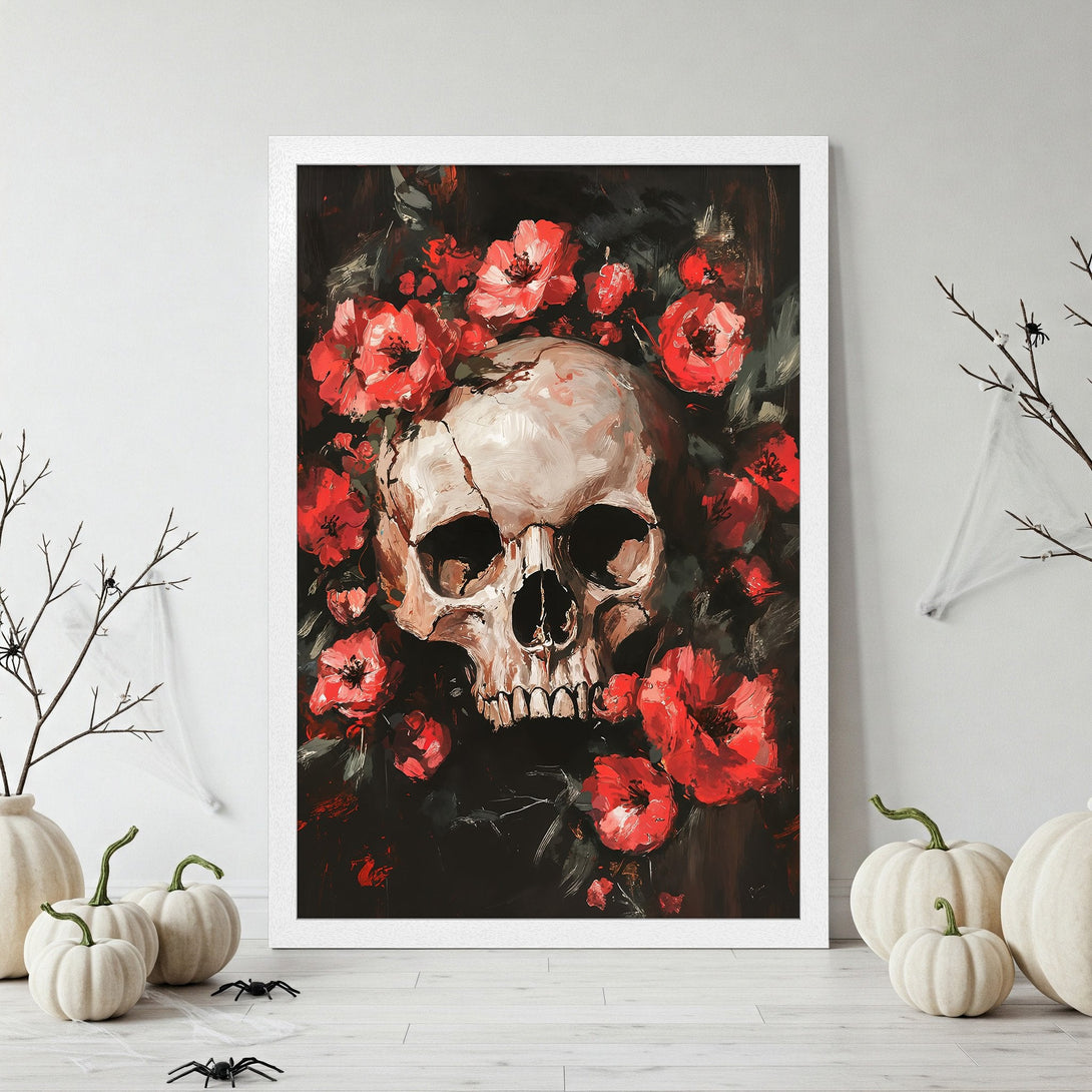 Framed Poster featuring a skull and red flowers in a dark, painterly style. Perfect Halloween decor, striking red and black palette.