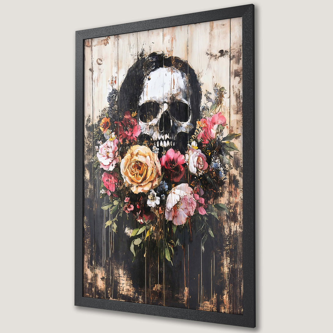 Framed Poster featuring a skull surrounded by vibrant flowers. Dark, moody art with a floral and rustic color palette. Perfect wall decor.