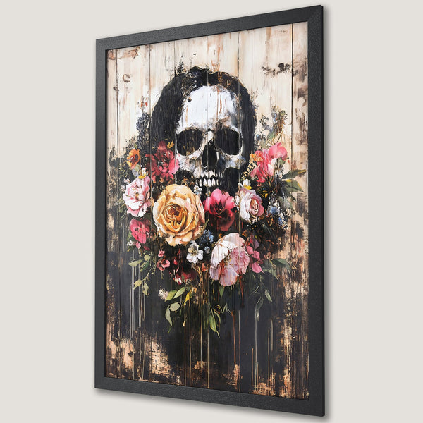 Framed Poster featuring a skull surrounded by vibrant flowers. Dark, moody art with a floral and rustic color palette. Perfect wall decor.