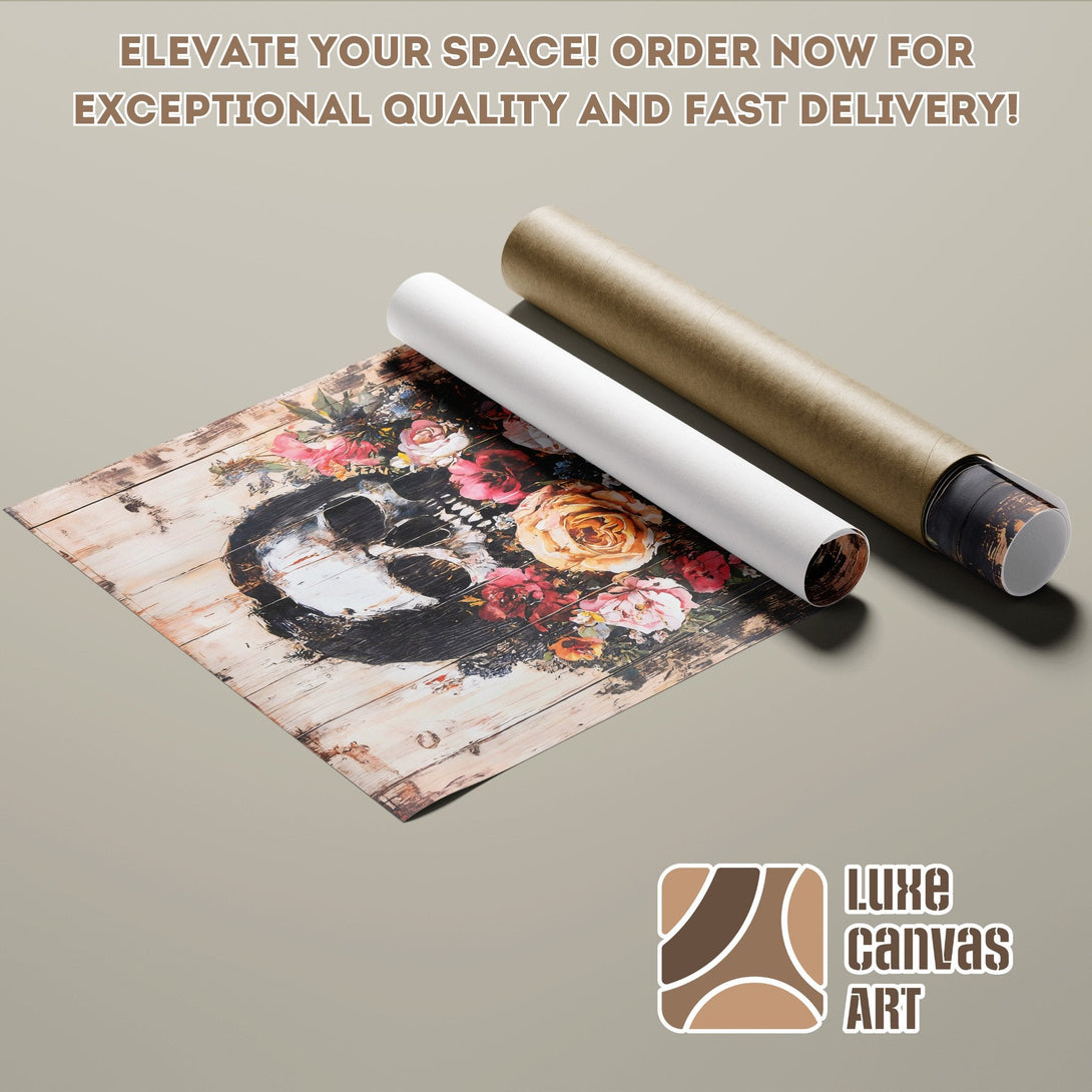 Poster Roll featuring a skull with flowers, rustic style, warm color palette.