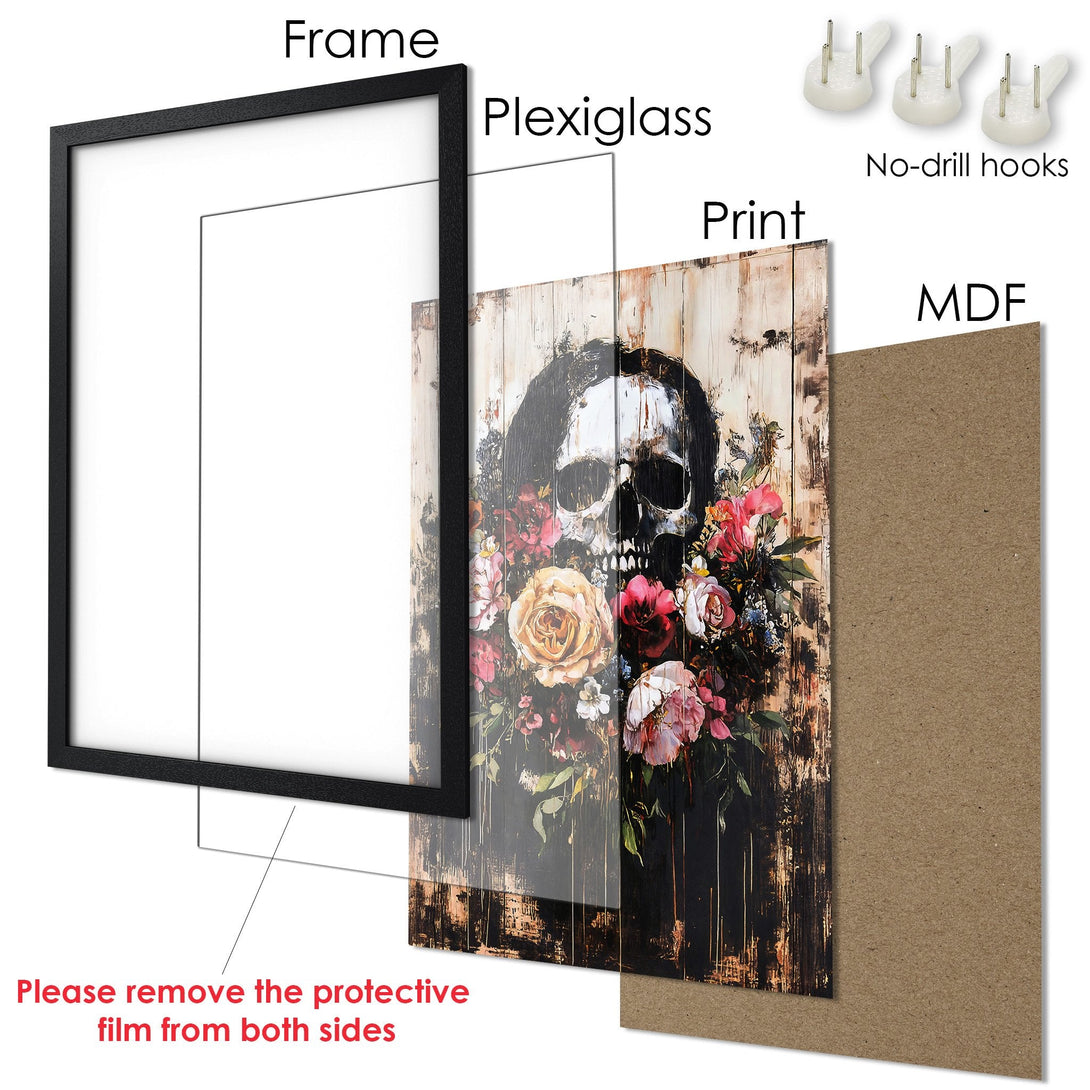 Framed Poster featuring a skull and floral design, dark and moody style with a mix of pinks, whites, and blacks.