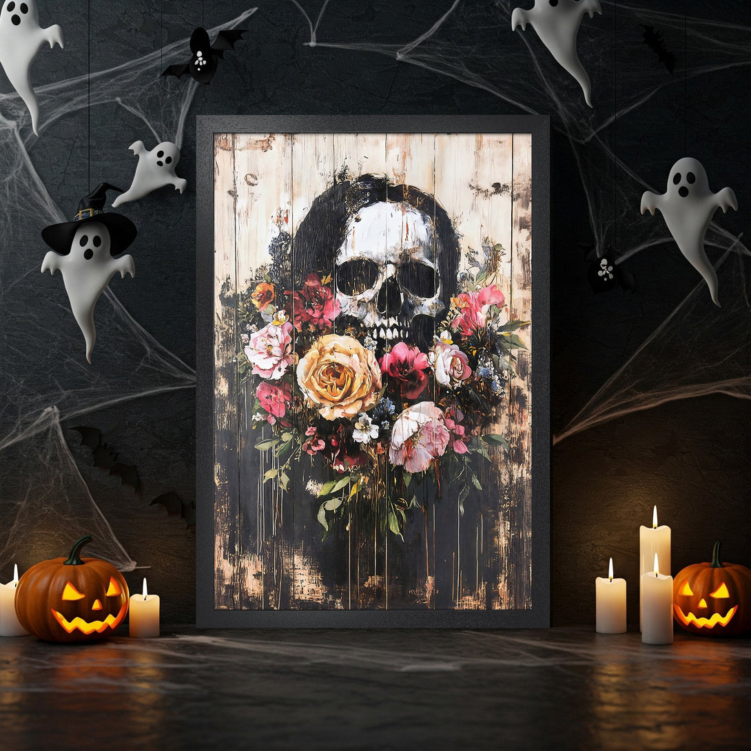 Framed Poster featuring a skull with floral bouquet, dark wood style, and a moody color palette. Perfect Halloween decor!