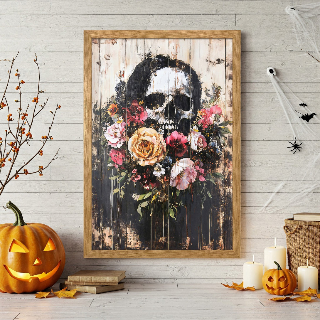 Framed Poster featuring a skull with floral bouquet, dark & moody style, perfect for Halloween decor.