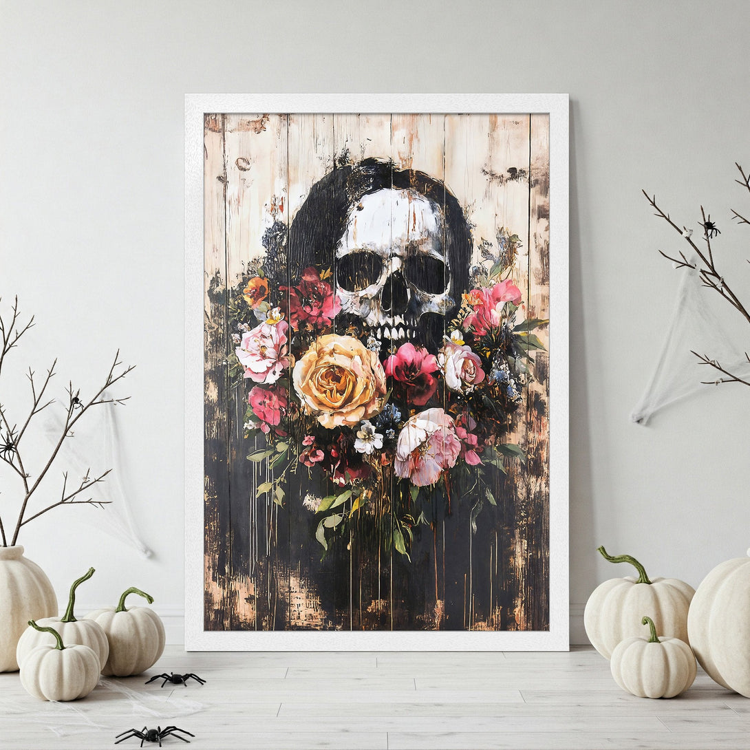 Framed Poster featuring a skull and floral design, dark and moody style with a warm, earthy color palette. Perfect Halloween decor!