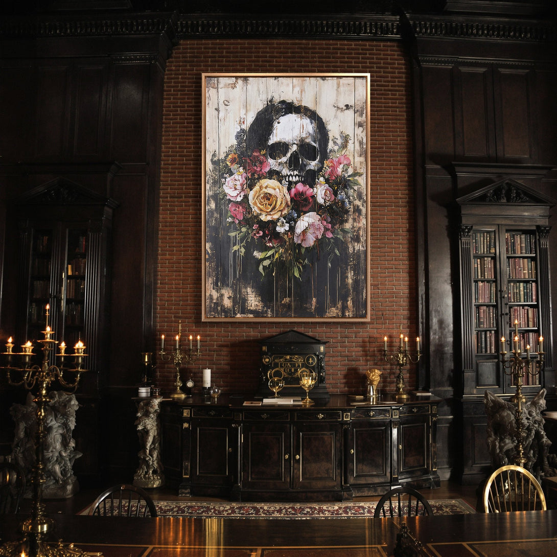 Framed Wall Art: Skull with floral bouquet. Gothic style canvas print in dark, moody tones. Perfect for adding a touch of edgy elegance to any space.
