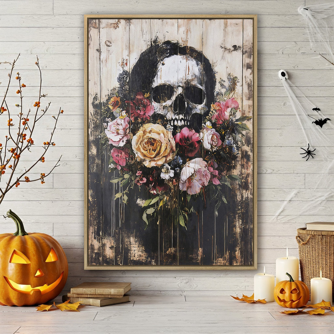 Framed Wall Art: Spooky skull with floral bouquet. Gothic style Canvas Print with a dark, moody color palette, perfect for Halloween decor.