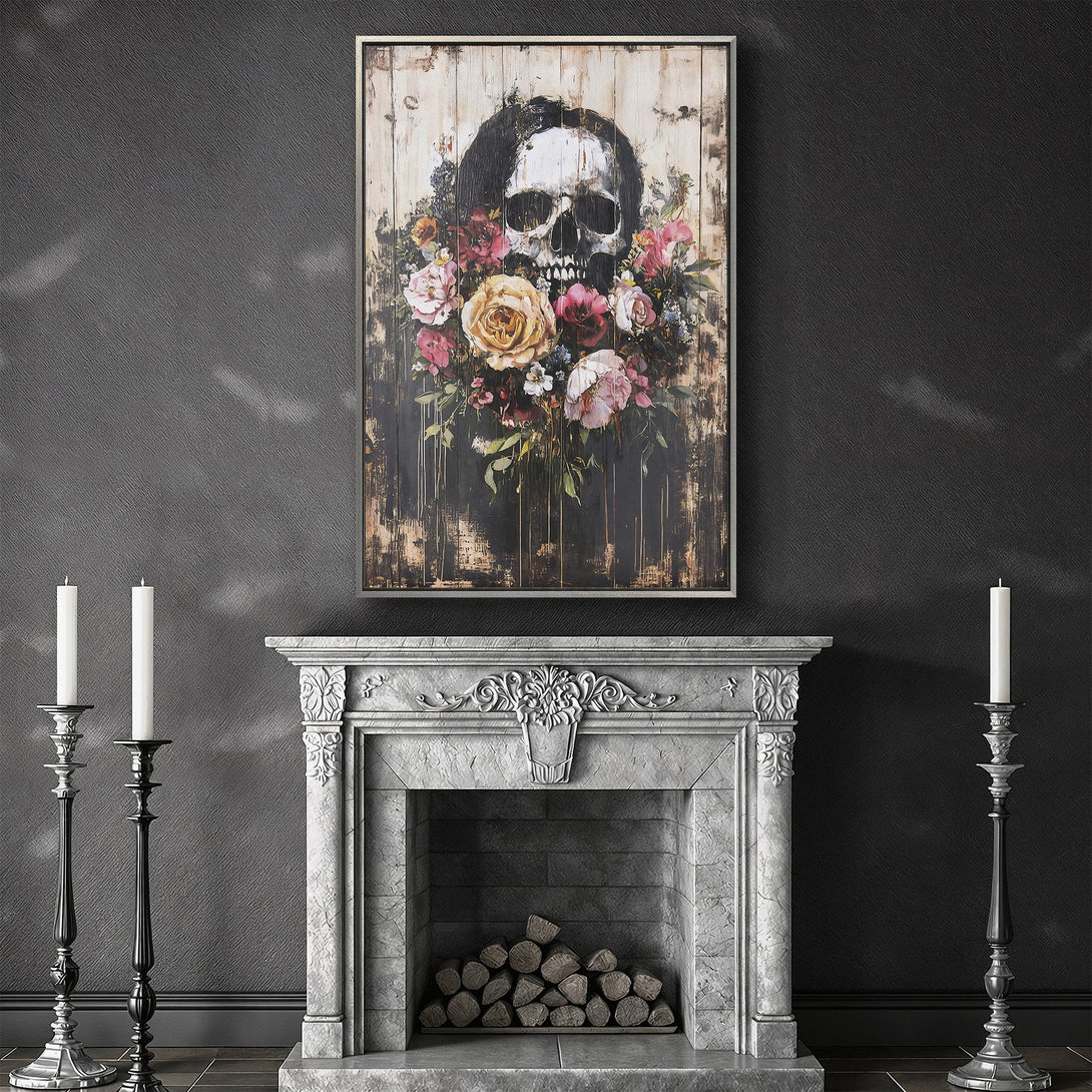 Framed Wall Art featuring a skull with floral bouquet. Dark, moody style with a rustic wood background and a color palette of black, cream, and pink.