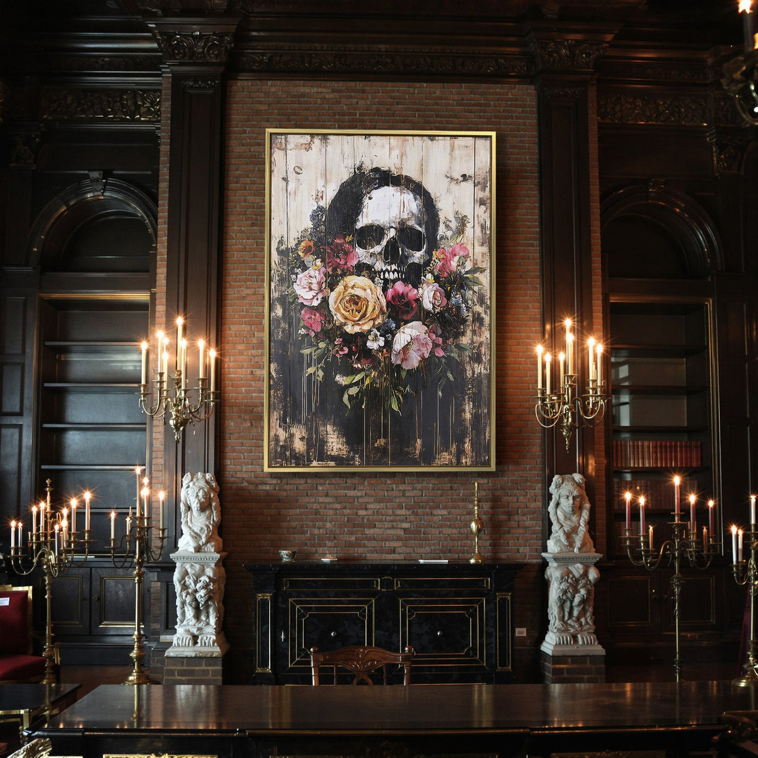 Canvas Print: Gothic skull art with floral accents, dark and moody color palette, perfect for Halloween decor.