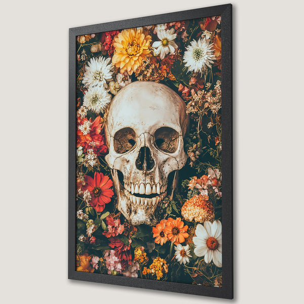 Framed Poster featuring a skull and floral arrangement in a dark, moody style with a warm color palette. Perfect wall art!