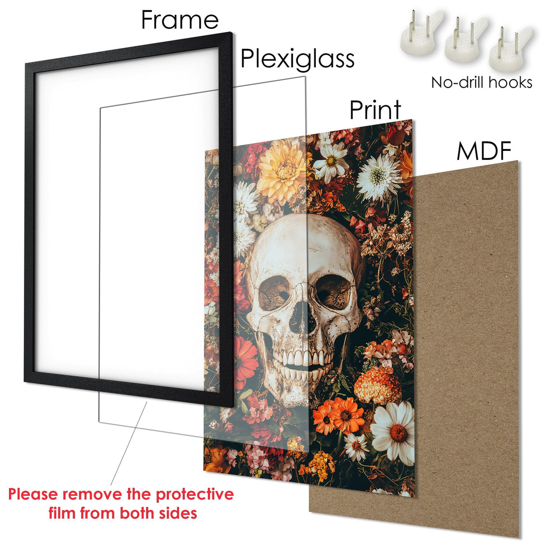 Framed Poster featuring a skull and floral design. Dark, gothic style with a warm, autumnal color palette. Ready to hang!