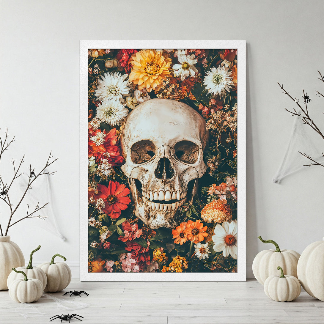 Framed Poster featuring a skull surrounded by vibrant flowers. Gothic style with a warm, autumnal color palette. Perfect Halloween decor!