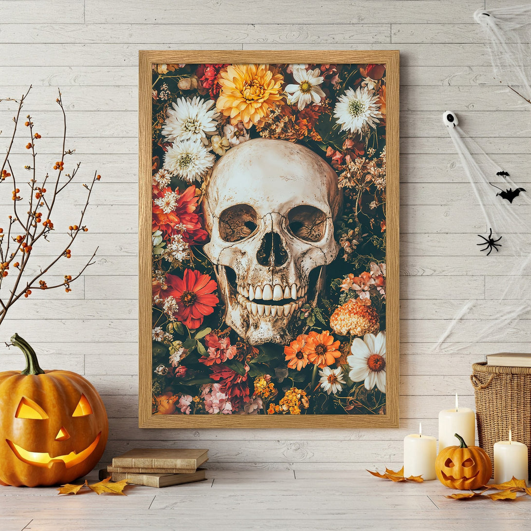 Framed Poster featuring a skull surrounded by flowers, dark and moody aesthetic with a warm, autumnal color palette. Perfect Halloween decor!