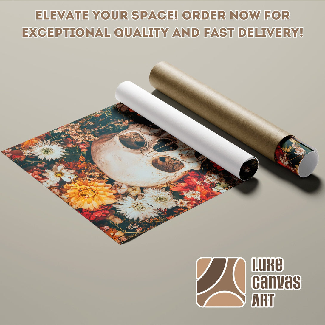 Poster Roll featuring a skull and floral design, with a dark, moody color palette. Order now!